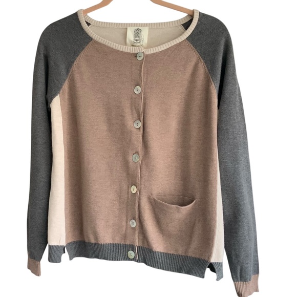Anthropologie Lili’s Closet Cotton Colorblock Brown Grey Cream Cardigan … - Picture 1 of 13